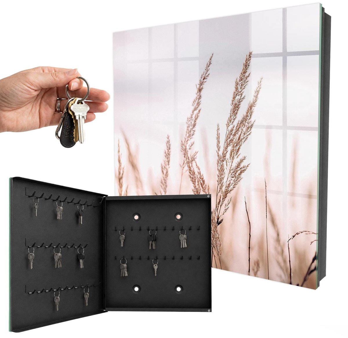 WallMuralia - Sleutelkast - 30x30x5 cm - met 50 haken - Weide Elegantie Sleutelkastje Huis - Beige Sleutelbox - Linksopenend - Zwart interieur