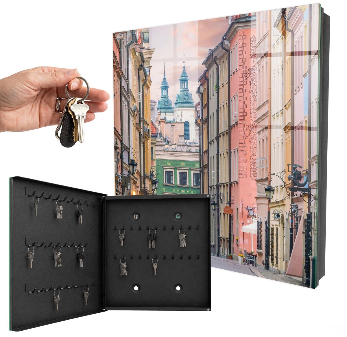 WallMuralia - Sleutelkast - 30x30x5 cm - met 50 haken - Kleurrijke Huurkazernes Sleutelkastje - Roze Sleutelbox - Linksopenend - Zwart interieur