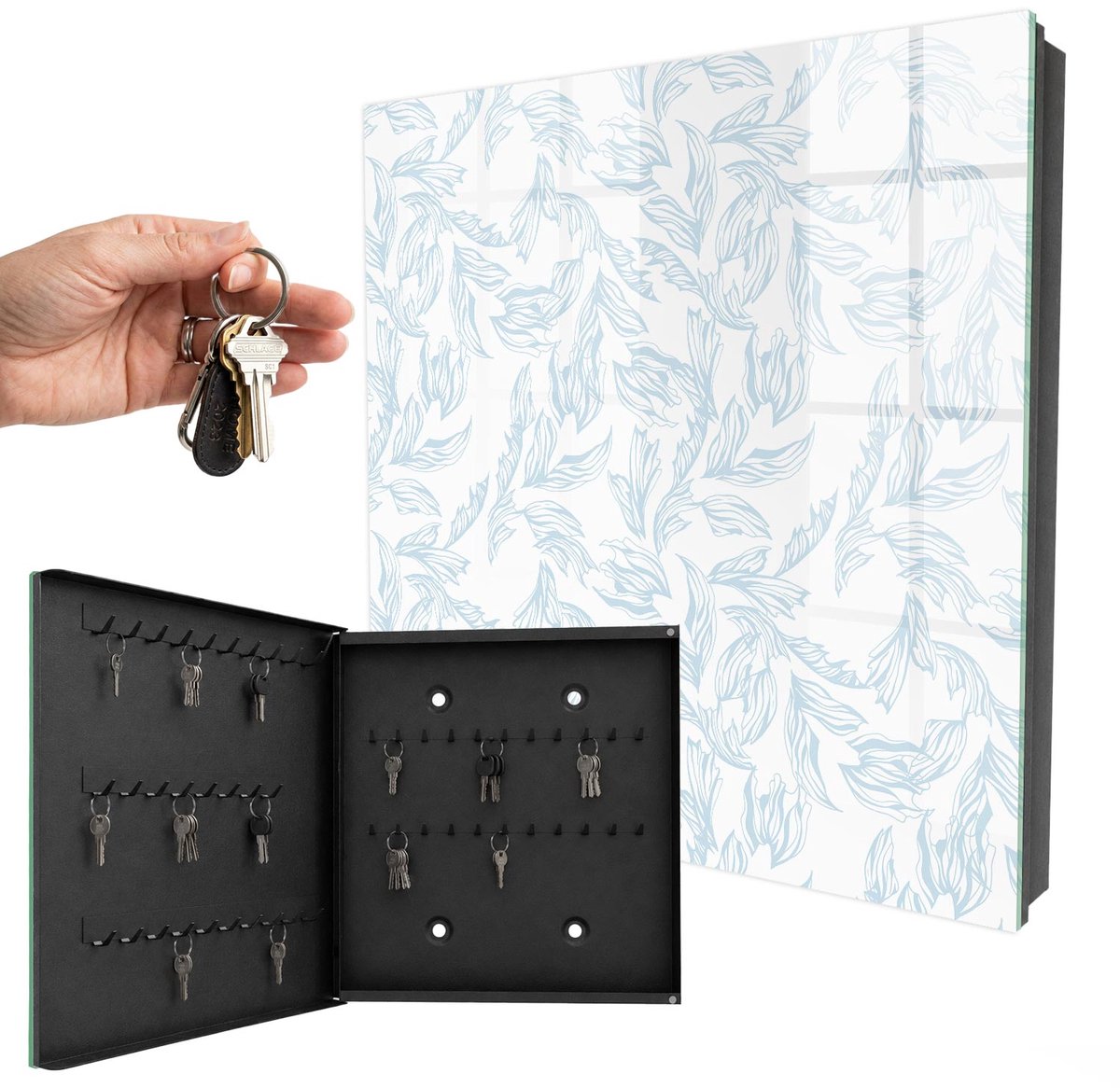 WallMuralia - Sleutelkast - 30x30x5 cm - met 50 haken - Bloemenpatroon Design Sleutelkastje - Wit Sleutelbox - Linksopenend - Zwart interieur