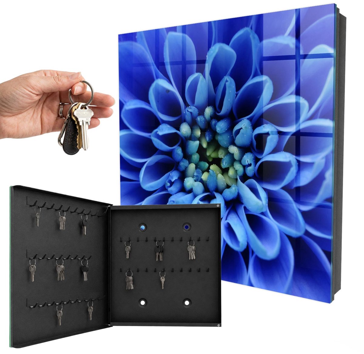 WallMuralia - Sleutelkast - 30x30x5 cm - met 50 haken - Blauwe Bloem Sleutelkastje Huis - Blauw Sleutelbox - Linksopenend - Zwart interieur