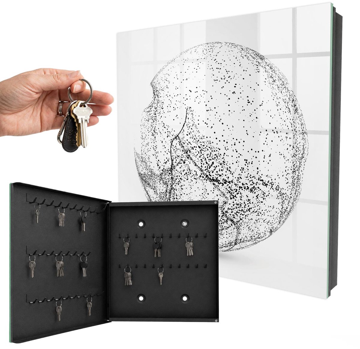 WallMuralia - Sleutelkast - 30x30x5 cm - met 50 haken - Abstracte Ruimte Sleutelkastje Modern - Grijs Sleutelbox - Linksopenend - Zwart interieur