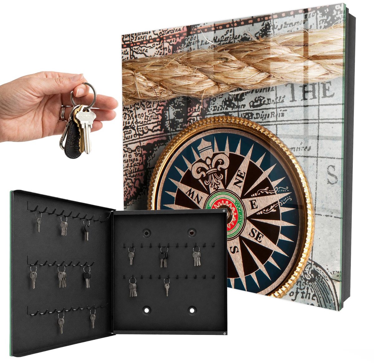WallMuralia - Sleutelkast - 30x30x5 cm - met 50 haken - Reiskaart Sleutelkastje Voor Binnen - Bruin Sleutelbox - Linksopenend - Zwart interieur