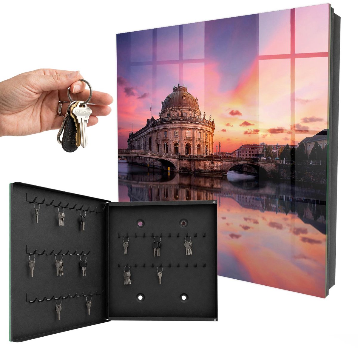 WallMuralia - Sleutelkast - 30x30x5 cm - met 50 haken - Stedelijk Westen Sleutelkastje Muur - Roze Sleutelbox - Linksopenend - Zwart interieur