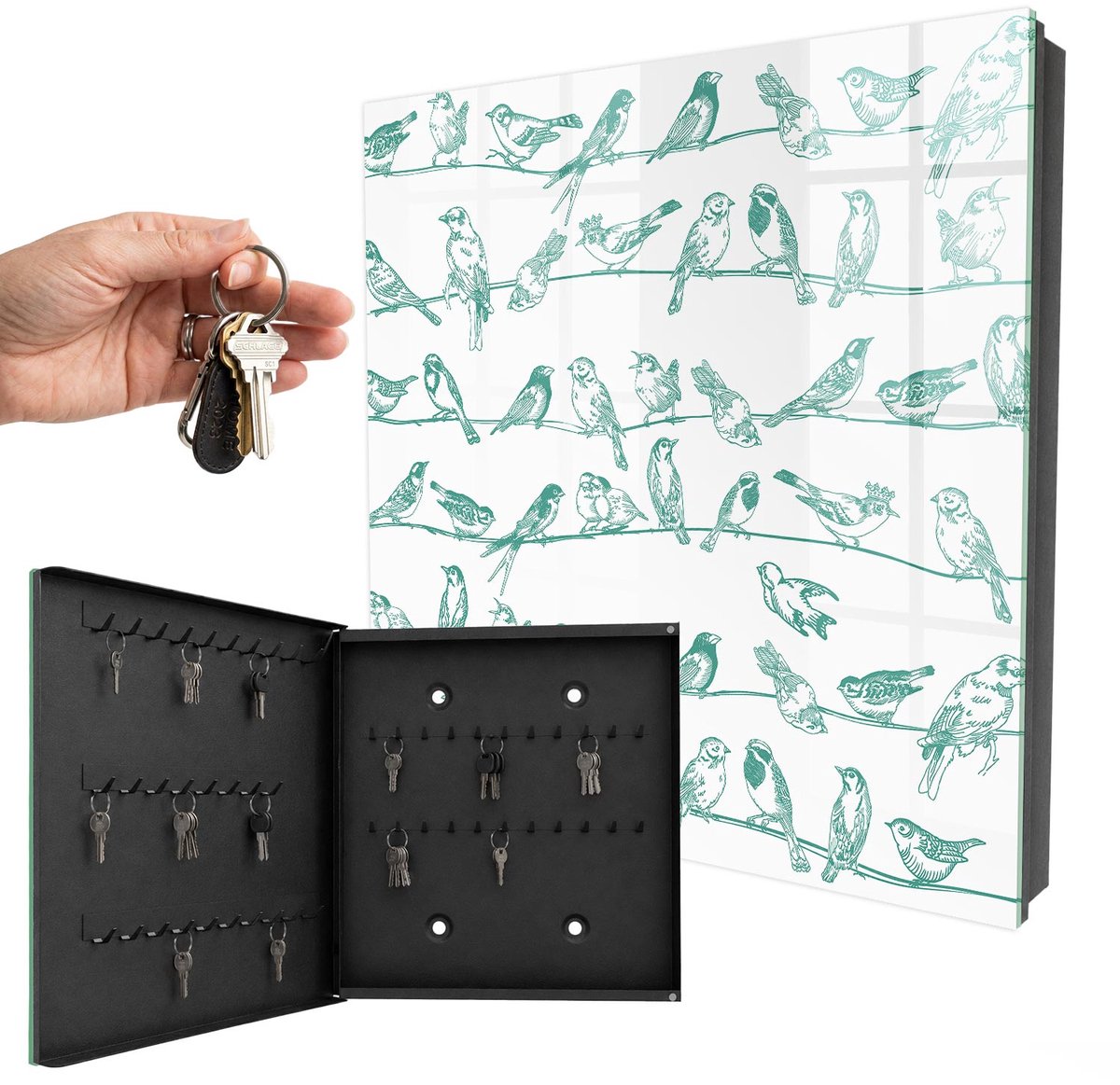 WallMuralia - Sleutelkast - 30x30x5 cm - met 50 haken - Vogels Op De Takken Sleutelkastje Design - Wit Sleutelbox - Linksopenend - Zwart interieur
