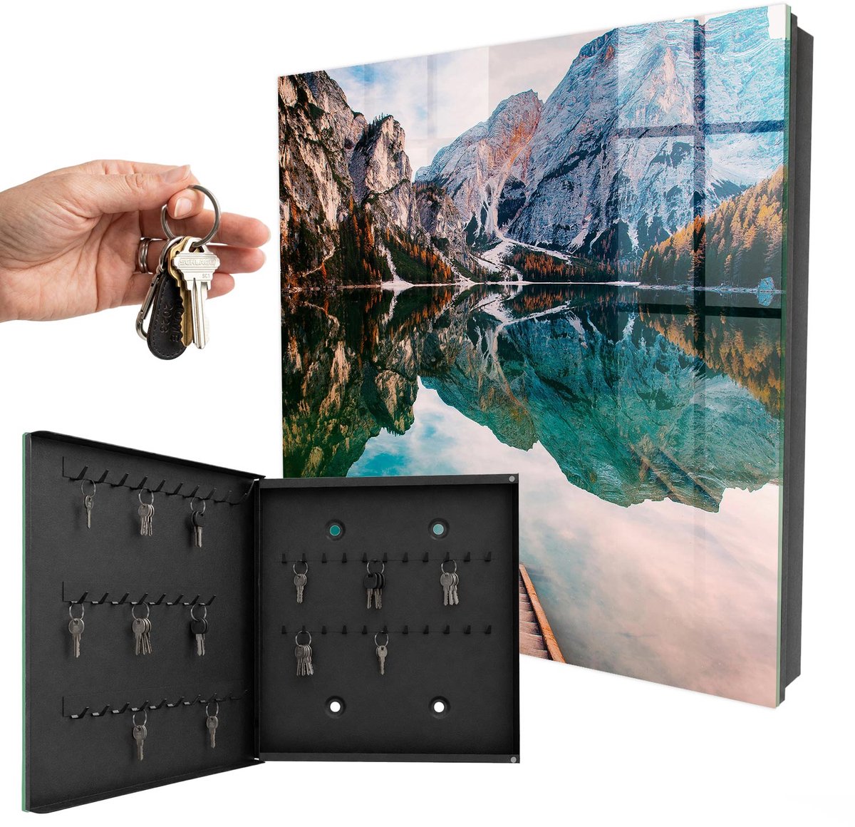 WallMuralia - Sleutelkast - 30x30x5 cm - met 50 haken - Berglandschap Sleutelkastje Landelijk - Groente Sleutelbox - Linksopenend - Zwart interieur