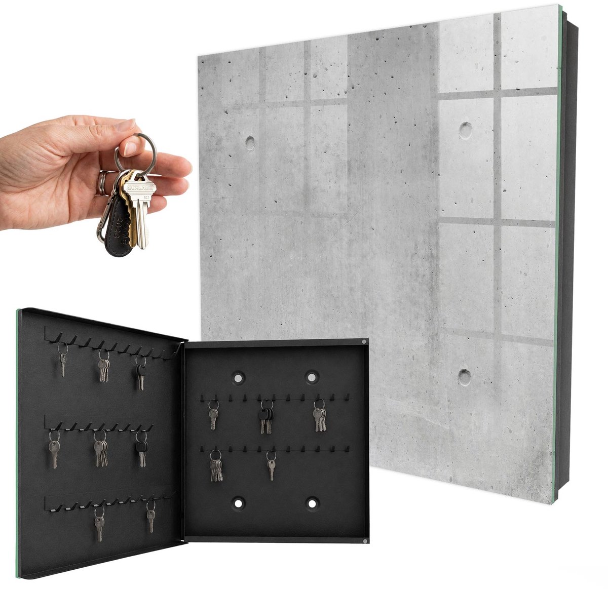WallMuralia - Sleutelkast - 30x30x5 cm - met 50 haken - Ruw Beton Sleutelkastje Muur - Grijs Sleutelbox - Linksopenend - Zwart interieur
