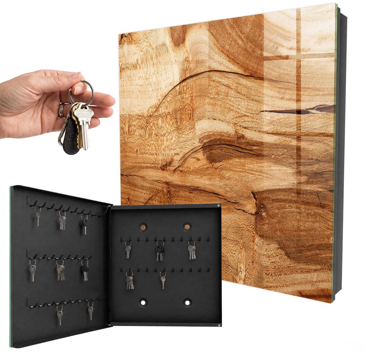 WallMuralia - Sleutelkast - 30x30x5 cm - met 50 haken - Houtstructuur Leuk Sleutelkastje - Bruin Sleutelbox - Linksopenend - Zwart interieur
