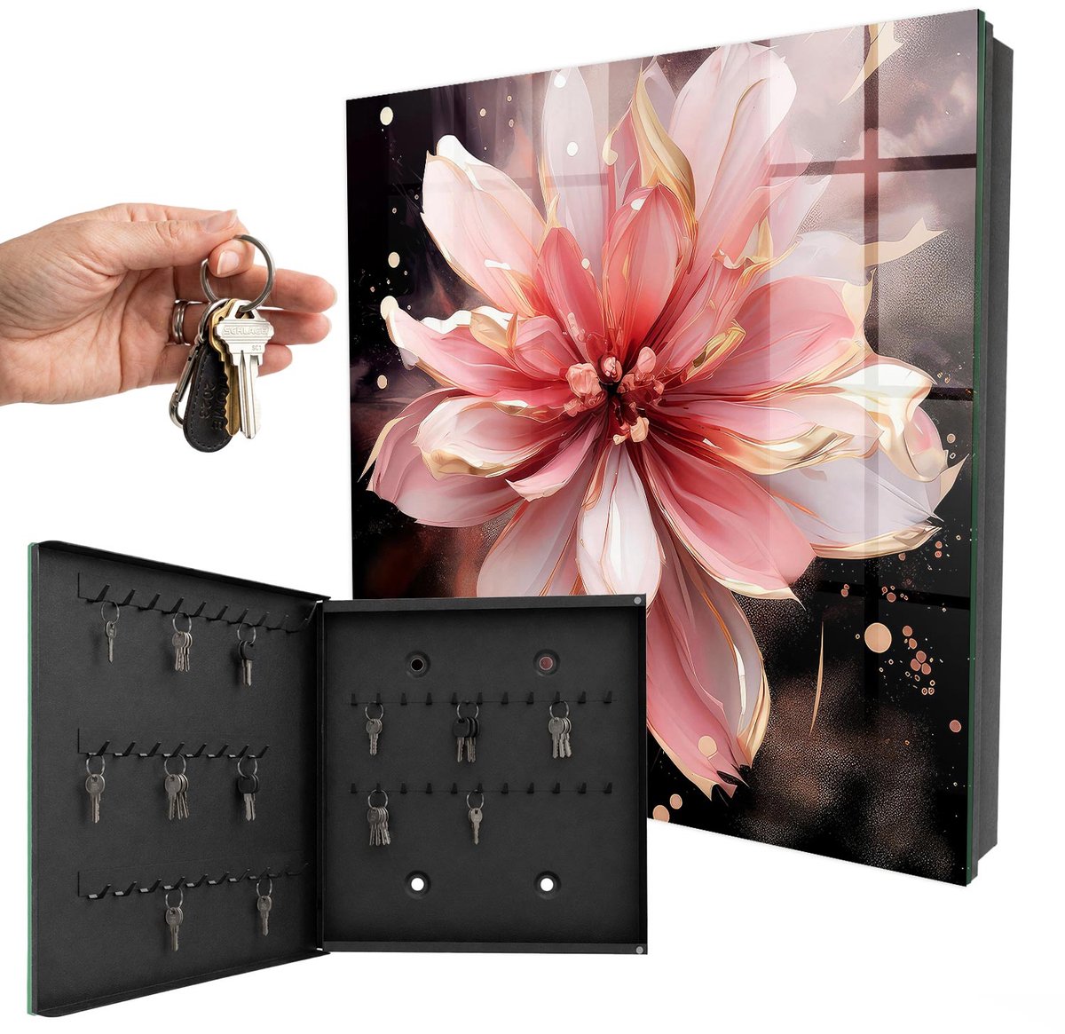WallMuralia - Sleutelkast - 30x30x5 cm - met 50 haken - Roze Bloem Sleutelkastje Modern - Roze Sleutelbox - Linksopenend - Zwart interieur