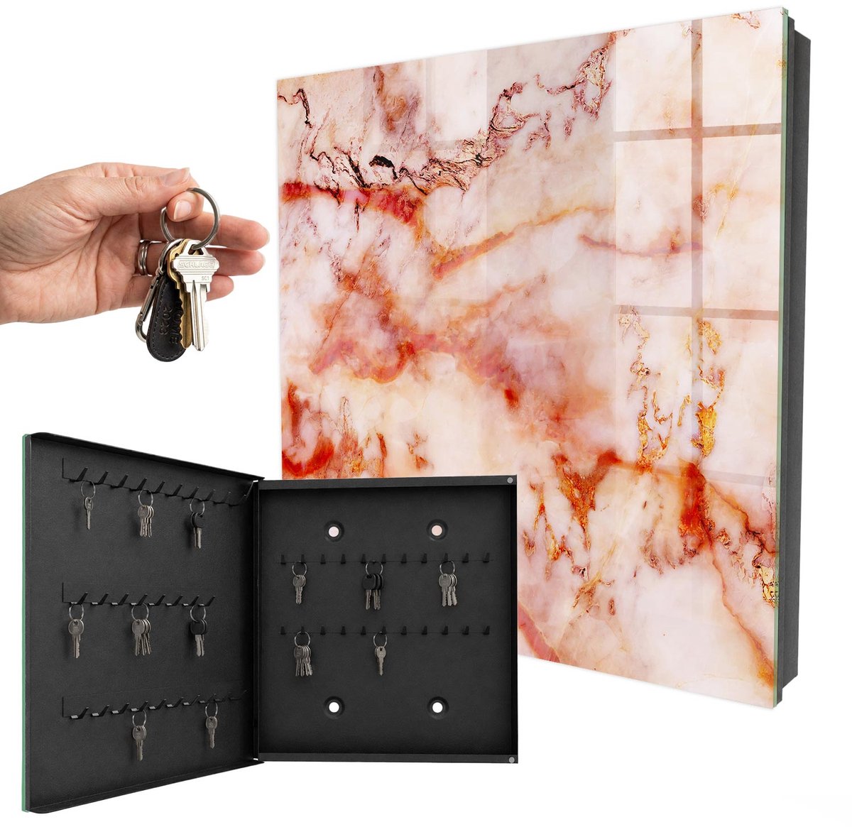 WallMuralia - Sleutelkast - 30x30x5 cm - met 50 haken - Marmerpatroon Sleutelkastje Muur - Beige Sleutelbox - Linksopenend - Zwart interieur