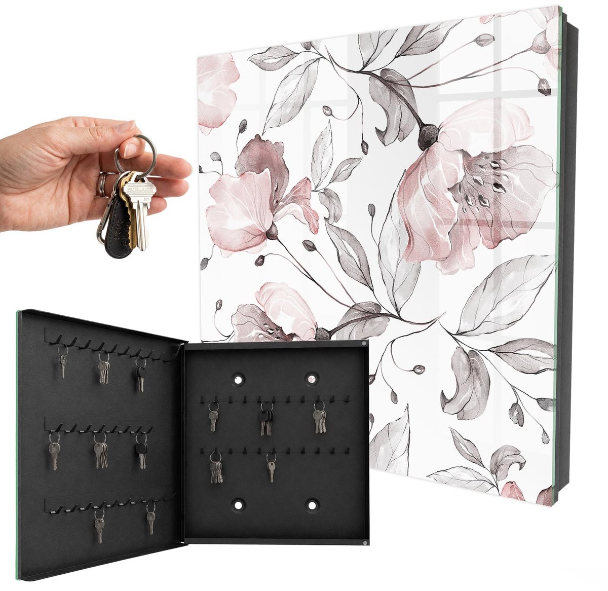 WallMuralia - Sleutelkast - 30x30x5 cm - met 50 haken - Romantisch Patroon Sleutelkastje Klein - Grijs Sleutelbox - Linksopenend - Zwart interieur