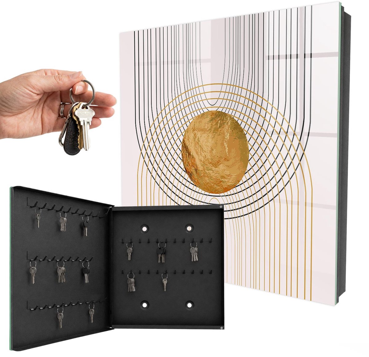 WallMuralia - Sleutelkast - 30x30x5 cm - met 50 haken - Cirkels En Lijnen Sleutelkastje Klein - Geel Sleutelbox - Linksopenend - Zwart interieur