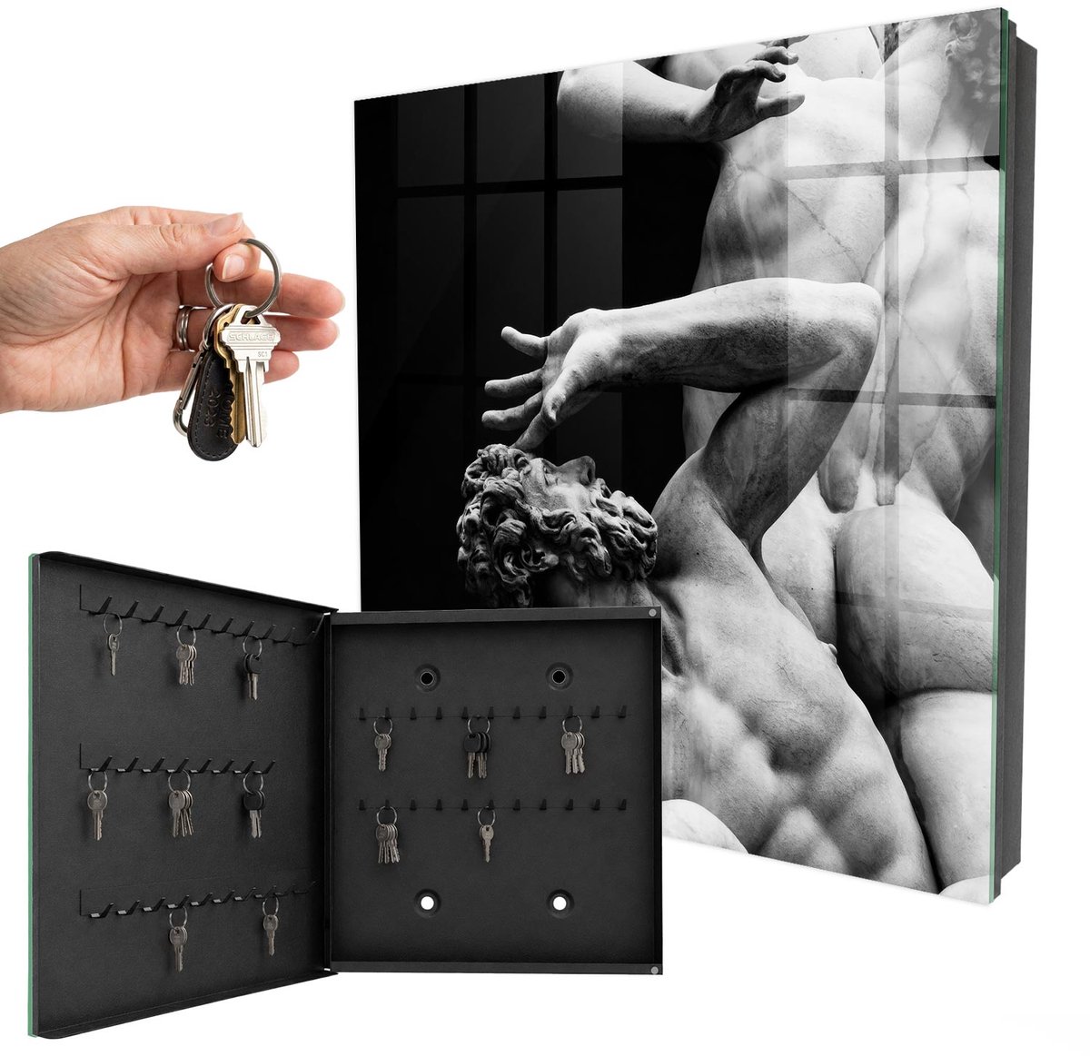WallMuralia - Sleutelkast - 30x30x5 cm - met 50 haken - Stone-Emoties Design Sleutelkastje - Zwart Sleutelbox - Linksopenend - Zwart interieur