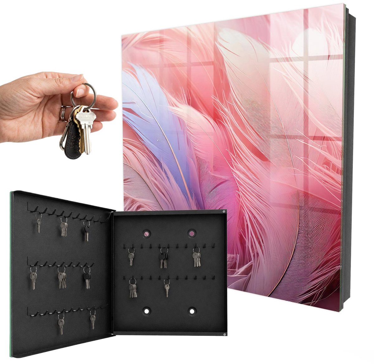 WallMuralia - Sleutelkast - 30x30x5 cm - met 50 haken - Prachtige Roze Veren Sleutelkastje Landelijk - Roze Sleutelbox - Linksopenend - Zwart interieur