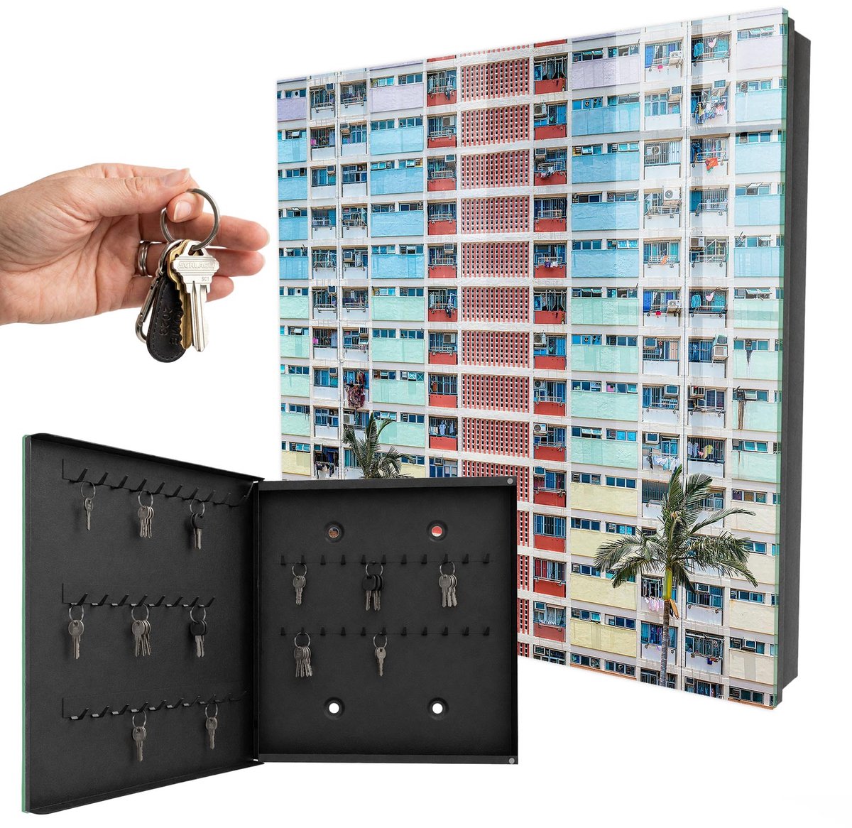 WallMuralia - Sleutelkast - 30x30x5 cm - met 50 haken - Kleurrijke Architectuur Sleutelkastje Klein - Rood Sleutelbox - Linksopenend - Zwart interieur