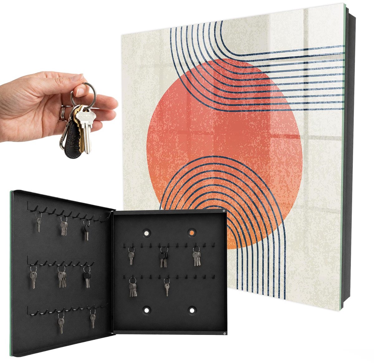 WallMuralia - Sleutelkast - 30x30x5 cm - met 50 haken - Geometrische Lijnen Sleutelkastje Binnen - Oranje Sleutelbox - Linksopenend - Zwart interieur