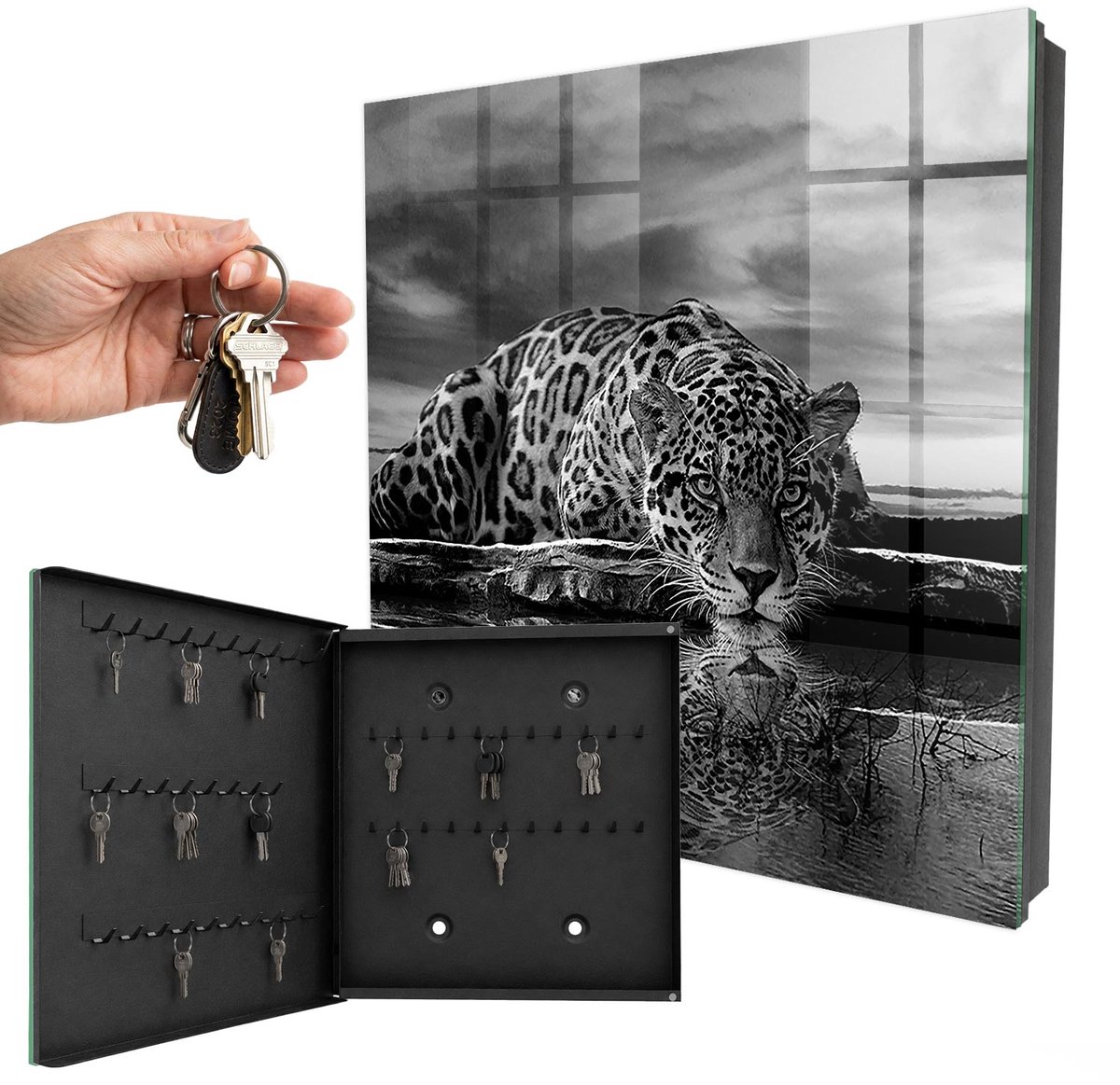 WallMuralia - Sleutelkast - 30x30x5 cm - met 50 haken - Jaguars In Het Water Sleutelkastje Design - Zwart-Wit Sleutelbox - Linksopenend - Zwart interieur
