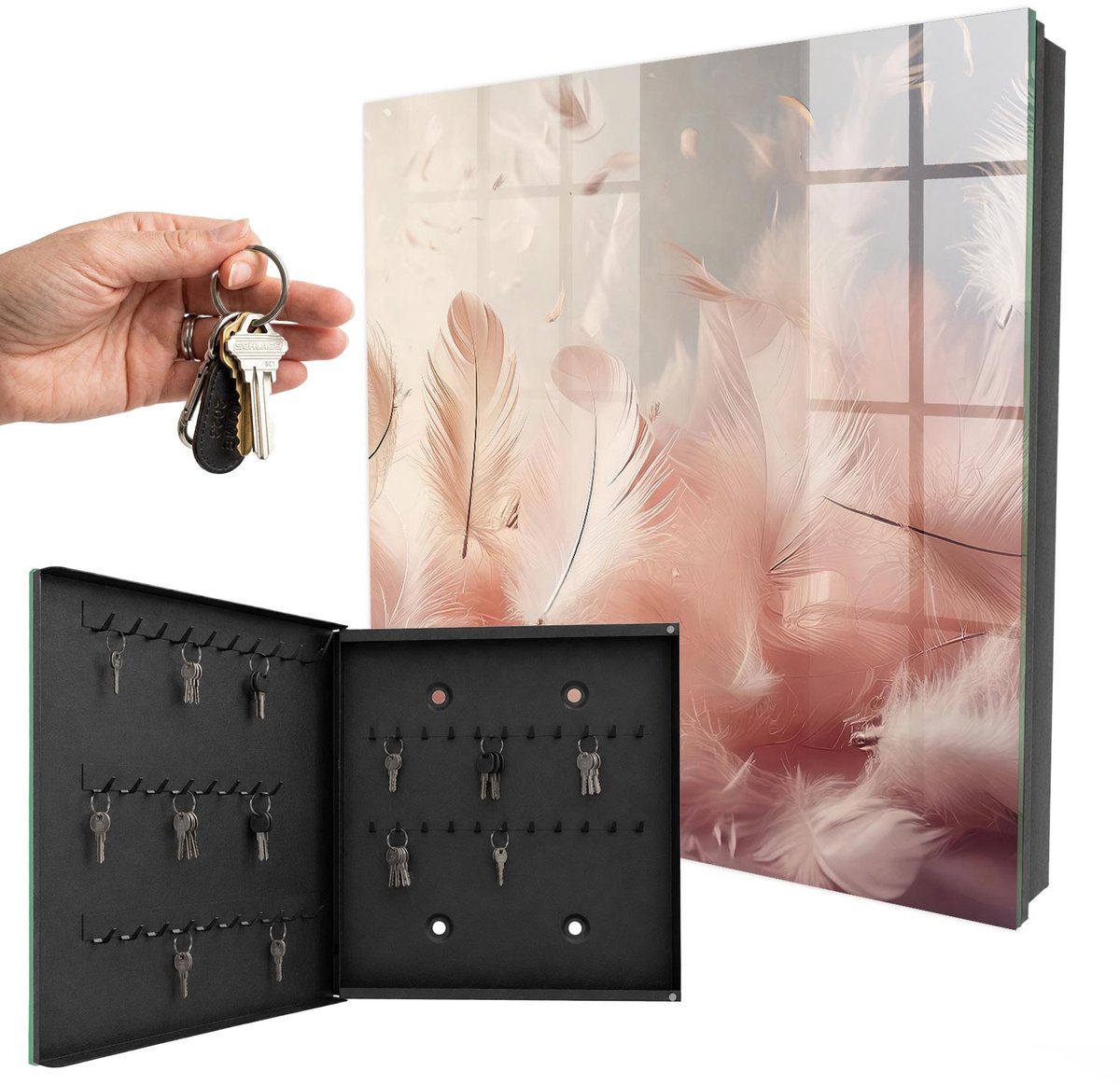 WallMuralia - Sleutelkast - 30x30x5 cm - met 50 haken - Pastelkleurige Veren Sleutelkastje Muur - Roze Sleutelbox - Linksopenend - Zwart interieur