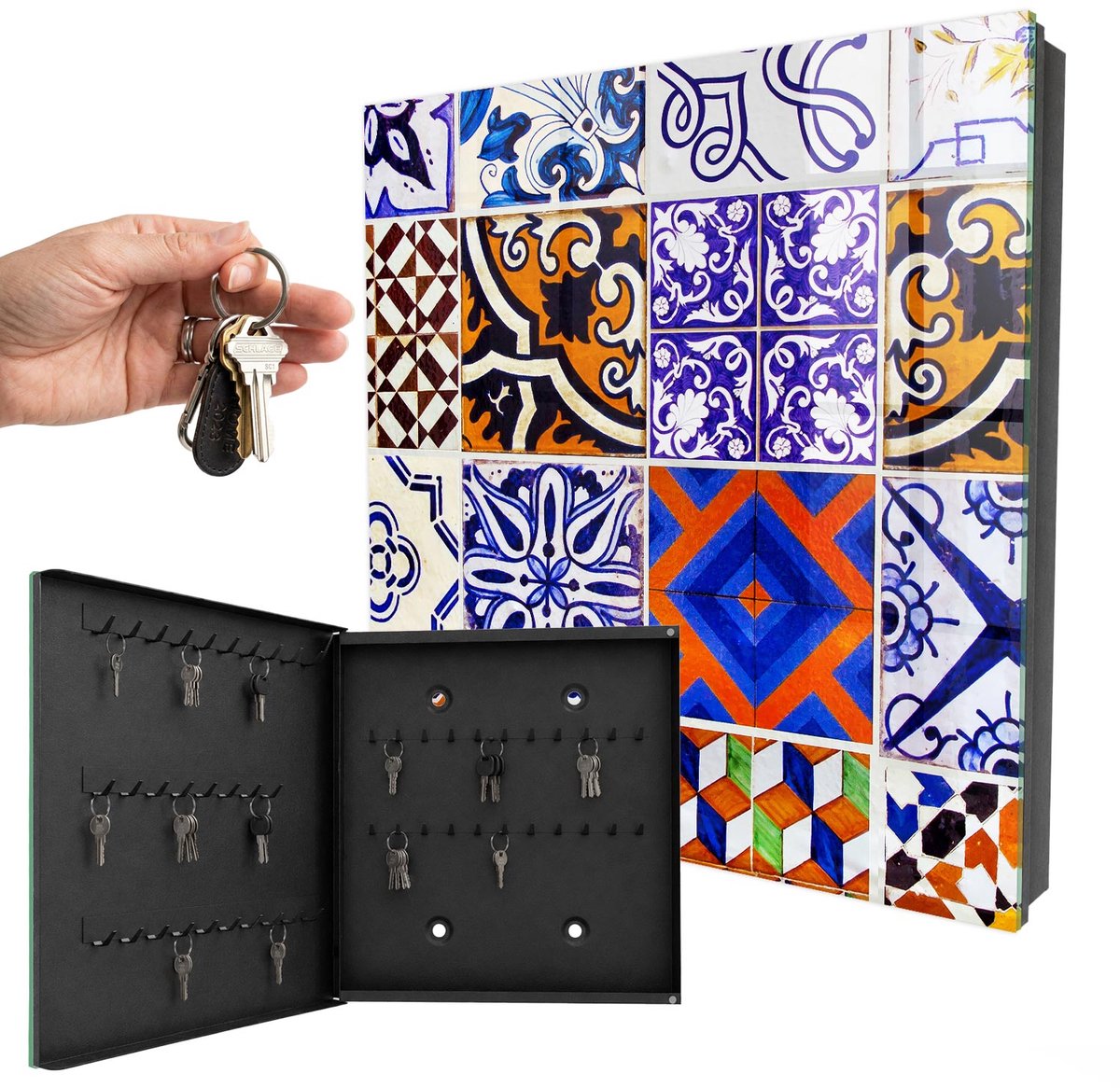 WallMuralia - Sleutelkast - 30x30x5 cm - met 50 haken - Kleurrijke Tegels Groot Sleutelkastje - Blauw Sleutelbox - Linksopenend - Zwart interieur
