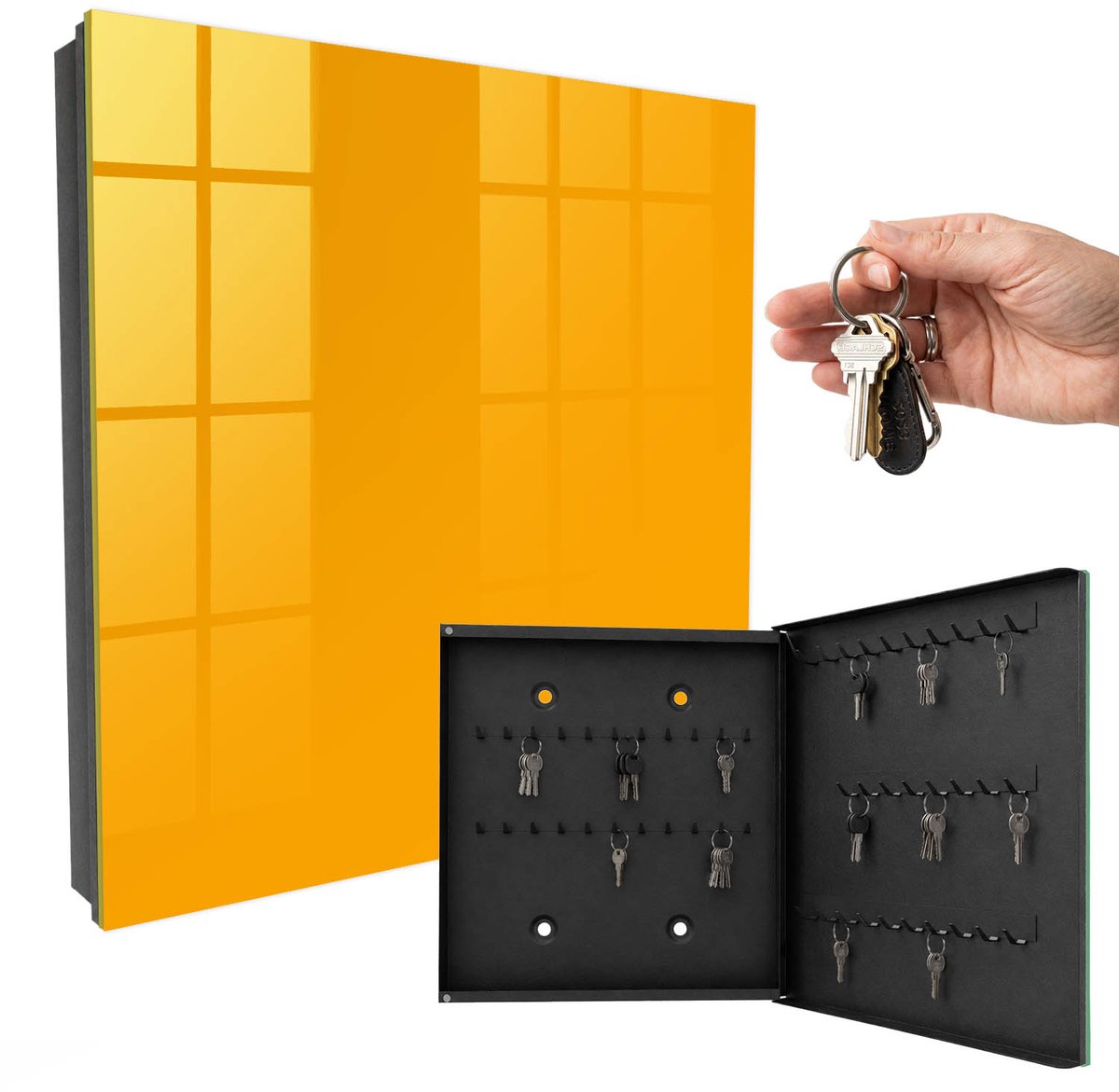 WallMuralia - Sleutelkast - 30x30x5 cm - met 50 haken - Oranje Leuk Sleutelkastje - Oranje Sleutelbox - Rechtsopenend - Zwart interieur
