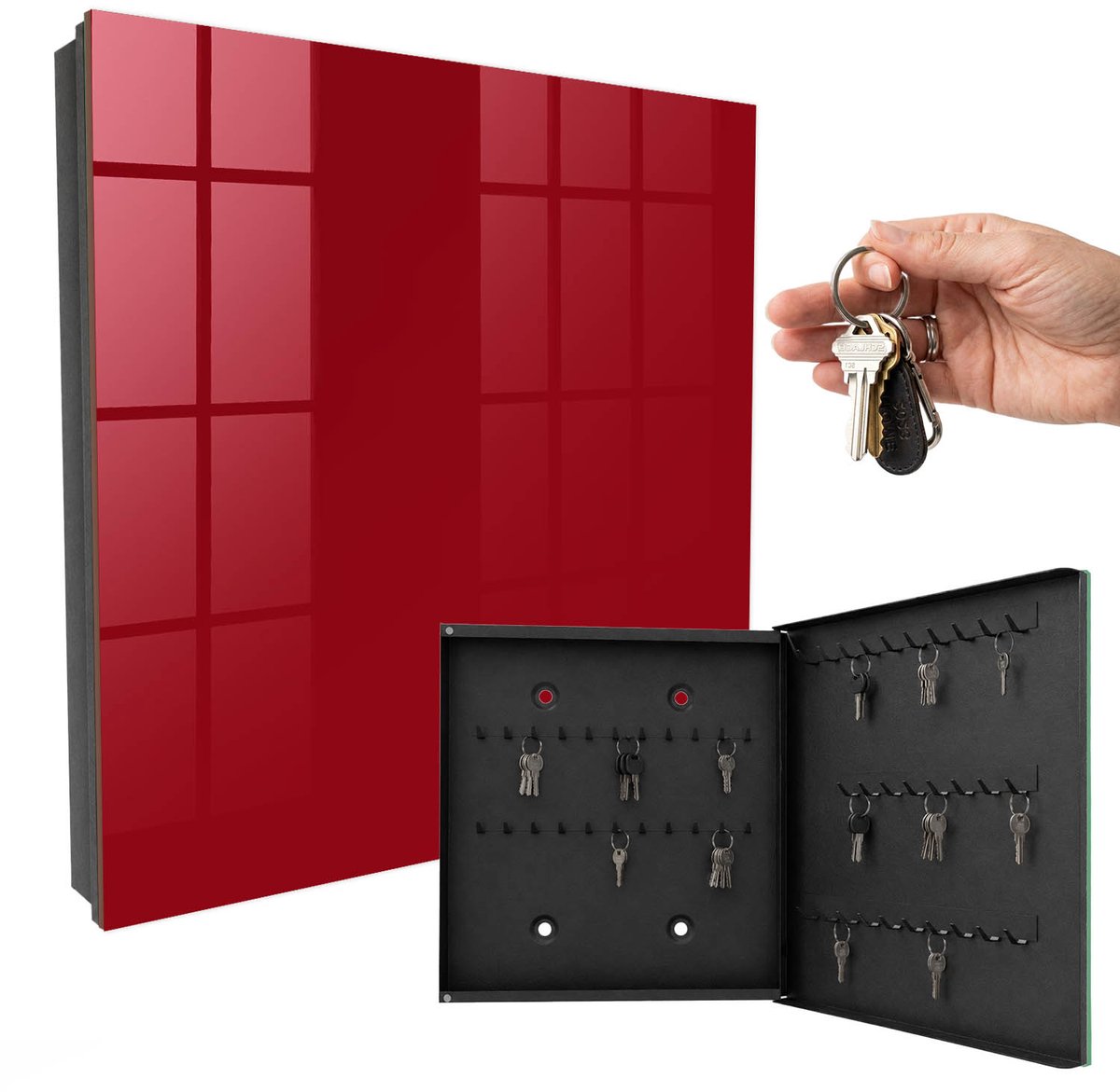 WallMuralia - Sleutelkast - 30x30x5 cm - met 50 haken - Licht Bordeauxrood Design Sleutelkastje - Bordeaux Sleutelbox - Rechtsopenend - Zwart interieur