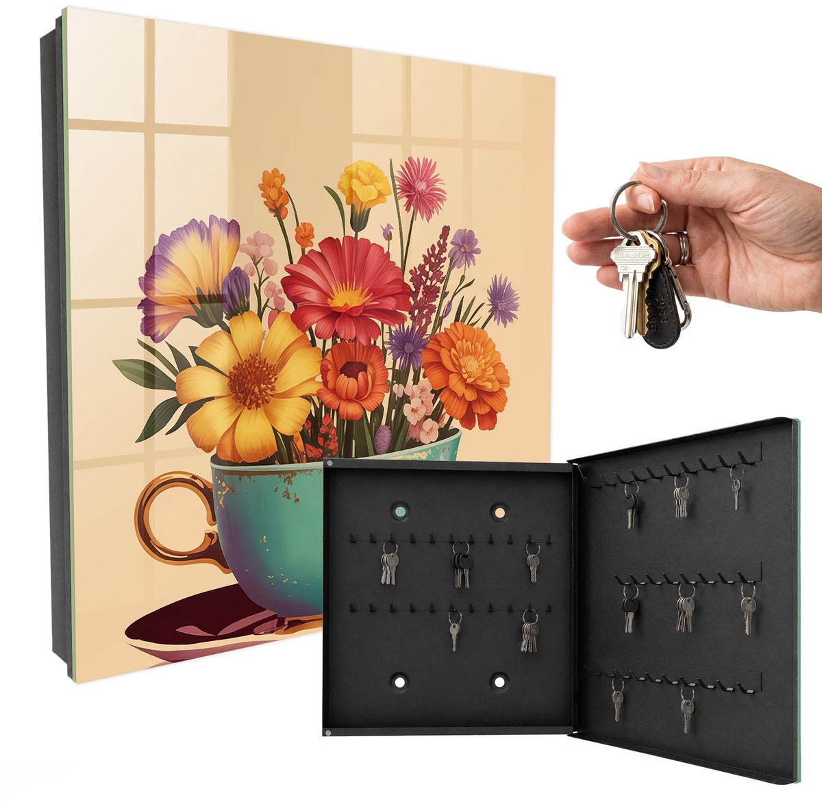 WallMuralia - Sleutelkast - 30x30x5 cm - met 50 haken - Bloemenbeker Sleutelkastje Design - Turkoois Sleutelbox - Rechtsopenend - Zwart interieur