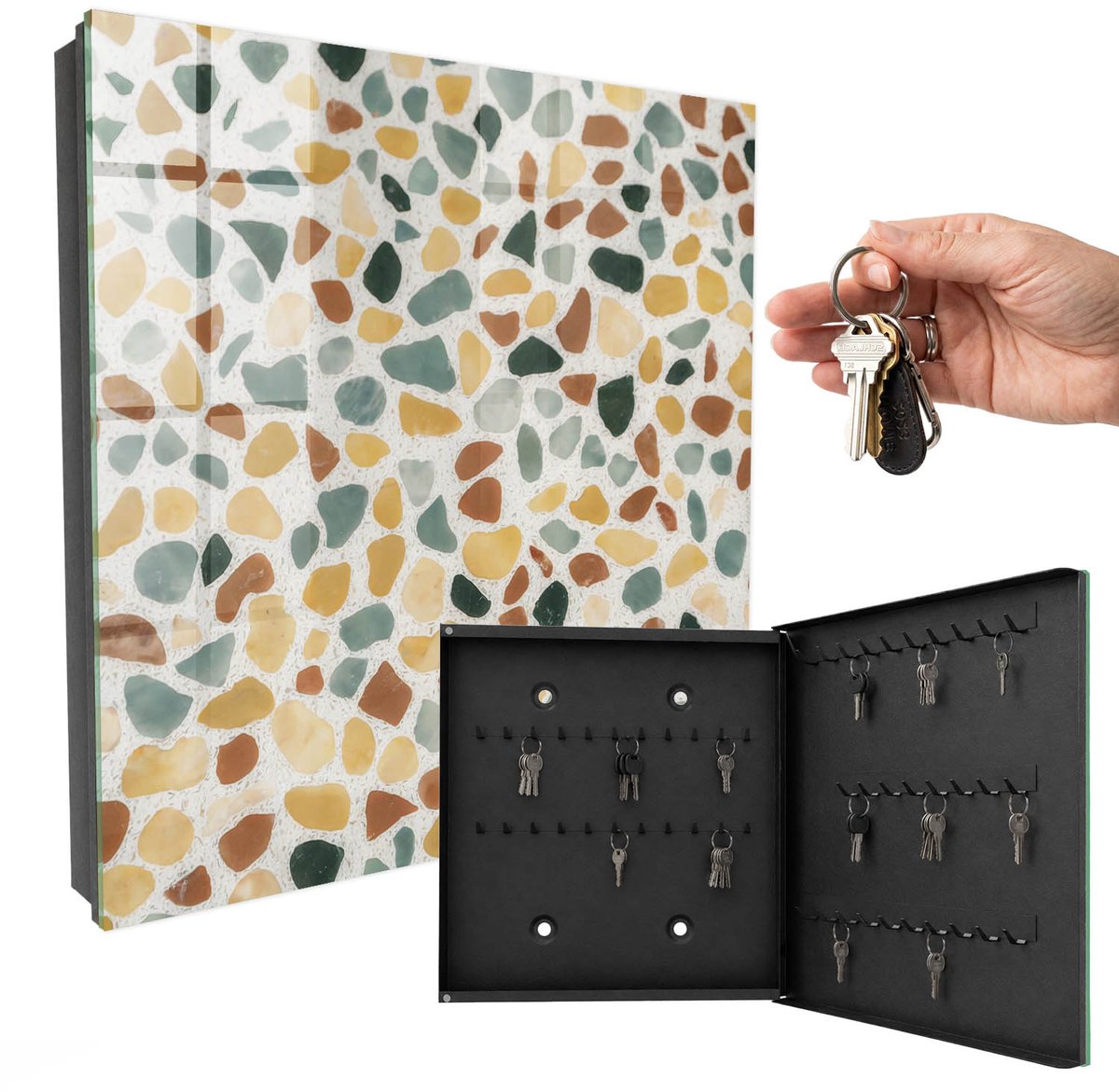 WallMuralia - Sleutelkast - 30x30x5 cm - met 50 haken - Kiezelmozaïek Sleutelkastje Huis - Geel Sleutelbox - Rechtsopenend - Zwart interieur