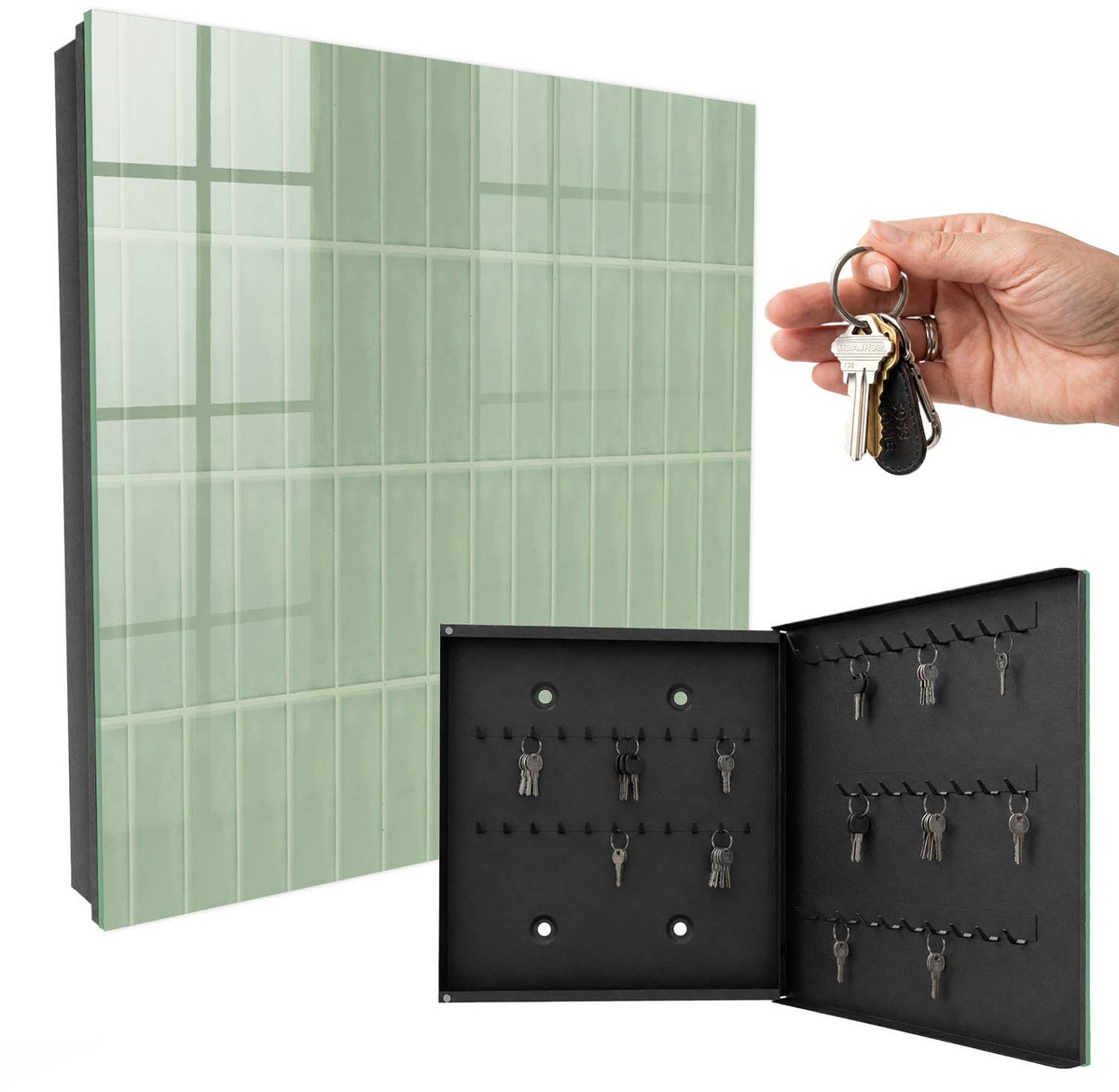 WallMuralia - Sleutelkast - 30x30x5 cm - met 50 haken - Groen Geblokt Sleutelkastje Gang - Groente Sleutelbox - Rechtsopenend - Zwart interieur