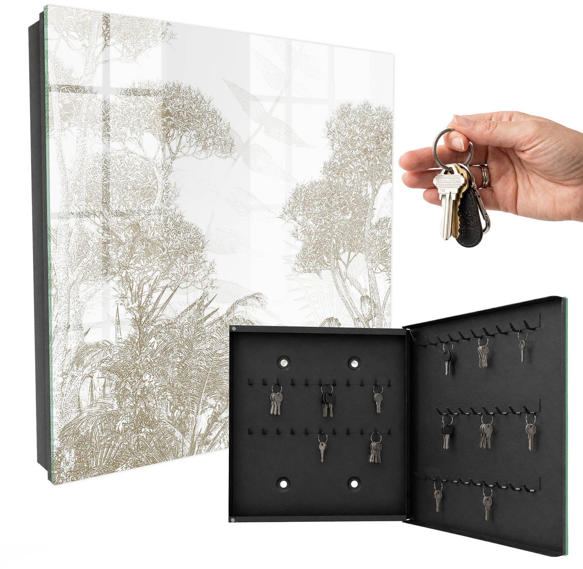WallMuralia - Sleutelkast - 30x30x5 cm - met 50 haken - Tropisch Patroon Design Sleutelkastje - Beige Sleutelbox - Rechtsopenend - Zwart interieur