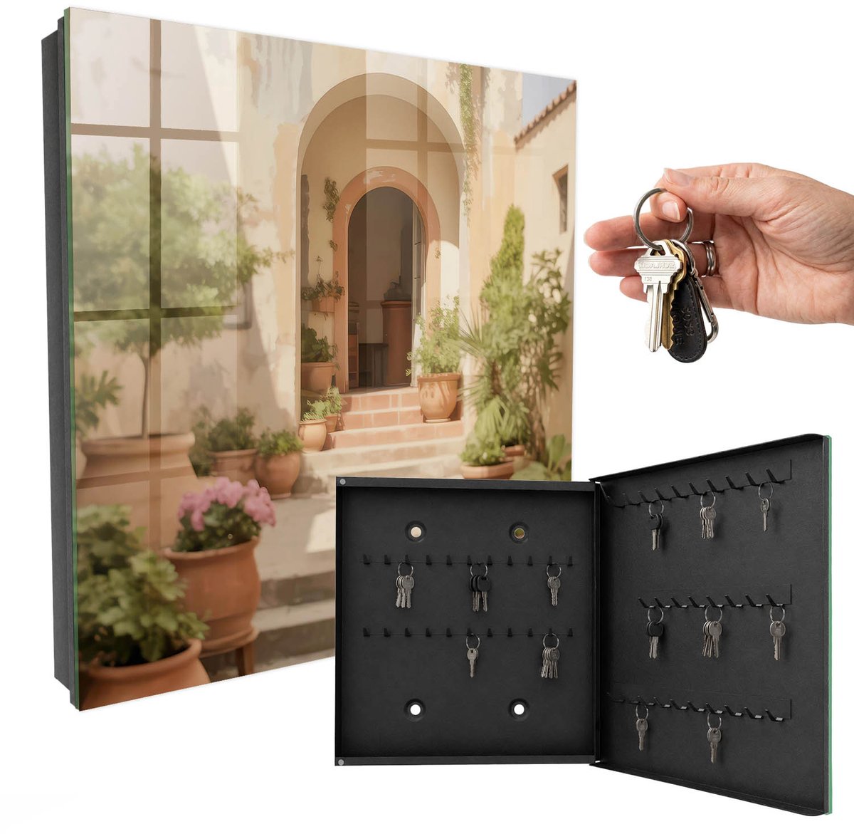 WallMuralia - Sleutelkast - 30x30x5 cm - met 50 haken - Rustieke Tuin Sleutelkastje Gang - Romig Sleutelbox - Rechtsopenend - Zwart interieur