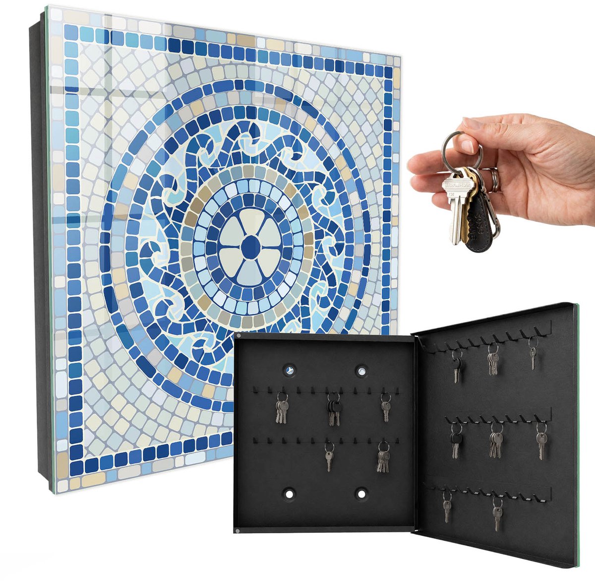 WallMuralia - Sleutelkast - 30x30x5 cm - met 50 haken - Geometrische Mozaïek Sleutelkastje Hal - Blauw Sleutelbox - Rechtsopenend - Zwart interieur