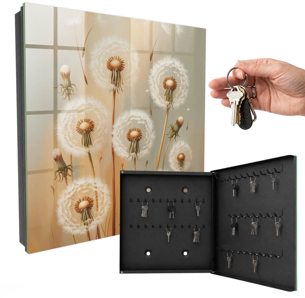 WallMuralia - Sleutelkast - 30x30x5 cm - met 50 haken - De Schoonheid Van Paardenbloemen Sleutelkastje Muur - Wit Sleutelbox - Rechtsopenend - Zwart interieur