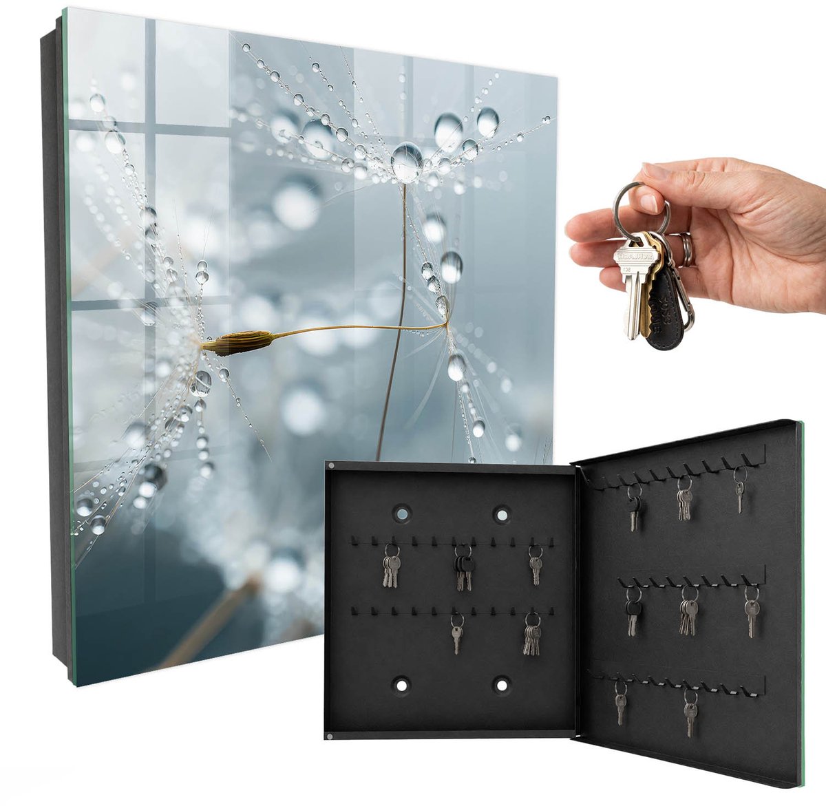 WallMuralia - Sleutelkast - 30x30x5 cm - met 50 haken - Dauwdruppels Sleutelkastje Huis - Grijs Sleutelbox - Rechtsopenend - Zwart interieur