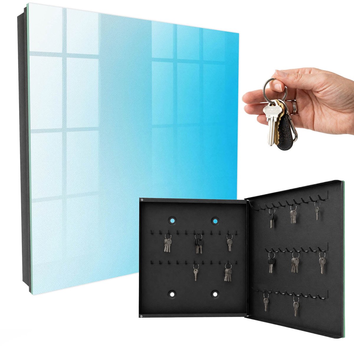 WallMuralia - Sleutelkast - 30x30x5 cm - met 50 haken - Blauwe Gradiënt Sleutelkastje Modern - Blauw Sleutelbox - Rechtsopenend - Zwart interieur