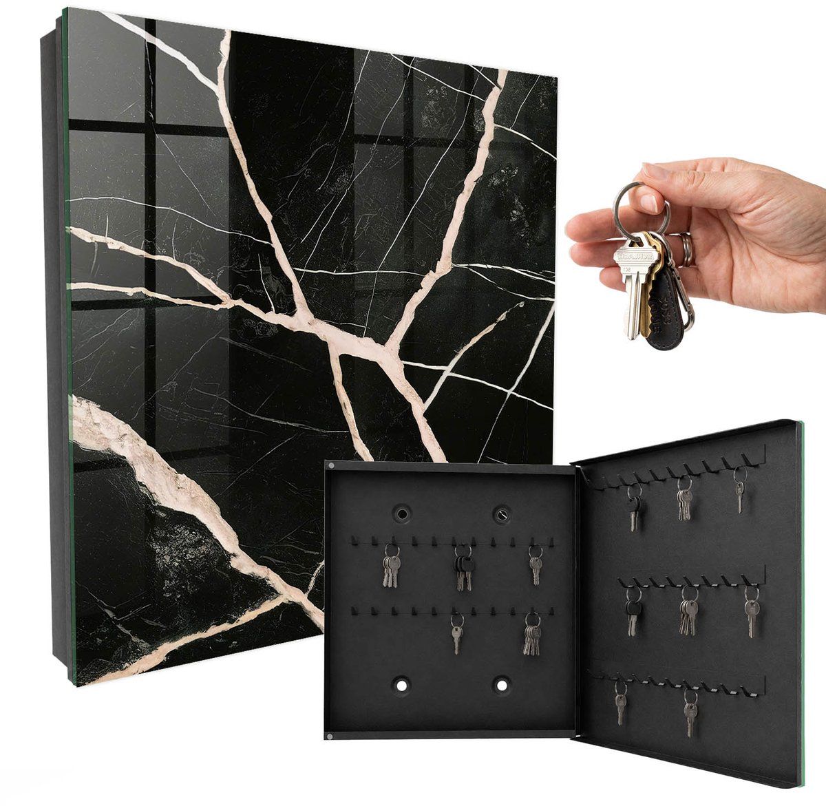 WallMuralia - Sleutelkast - 30x30x5 cm - met 50 haken - Dynamische Structuur Design Sleutelkastje - Zwart Sleutelbox - Rechtsopenend - Zwart interieur