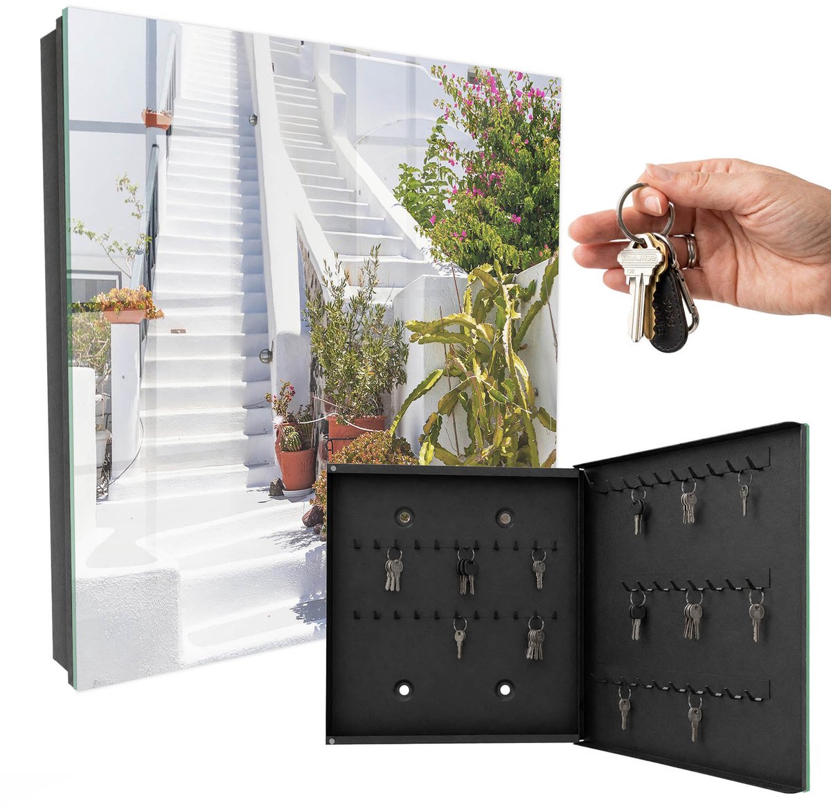 WallMuralia - Sleutelkast - 30x30x5 cm - met 50 haken - Trappen Met Planten Sleutelkastje Voor Binnen - Wit Sleutelbox - Rechtsopenend - Zwart interieur
