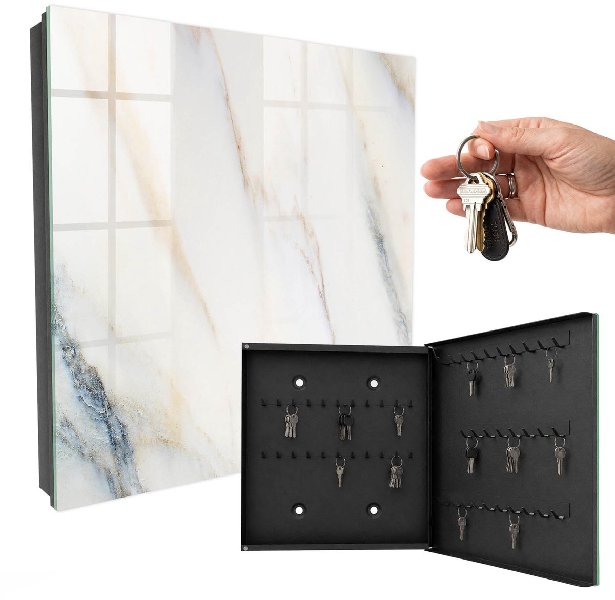 WallMuralia - Sleutelkast - 30x30x5 cm - met 50 haken - Gemarmerd Effect Sleutelkastje Design - Beige Sleutelbox - Rechtsopenend - Zwart interieur