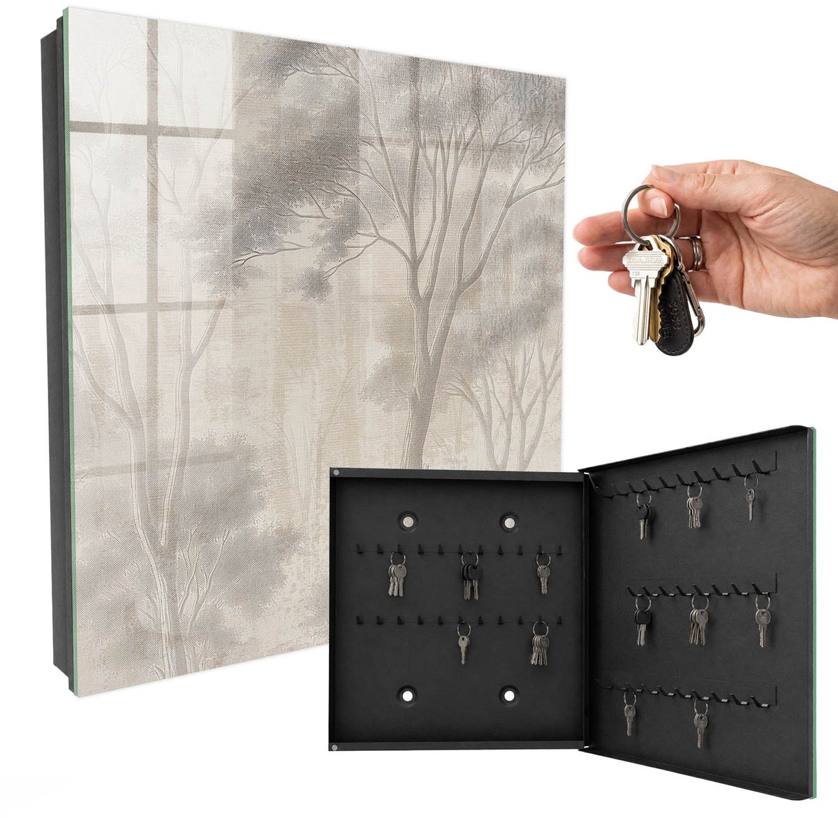 WallMuralia - Sleutelkast - 30x30x5 cm - met 50 haken - Etherische Bossfeer Sleutelkastje Modern - Grijs Sleutelbox - Rechtsopenend - Zwart interieur