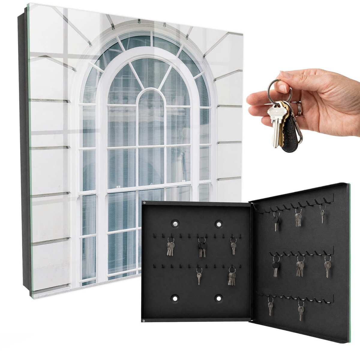 WallMuralia - Sleutelkast - 30x30x5 cm - met 50 haken - Klassieke Elegantie Sleutelkastje Muur - Wit Sleutelbox - Rechtsopenend - Zwart interieur