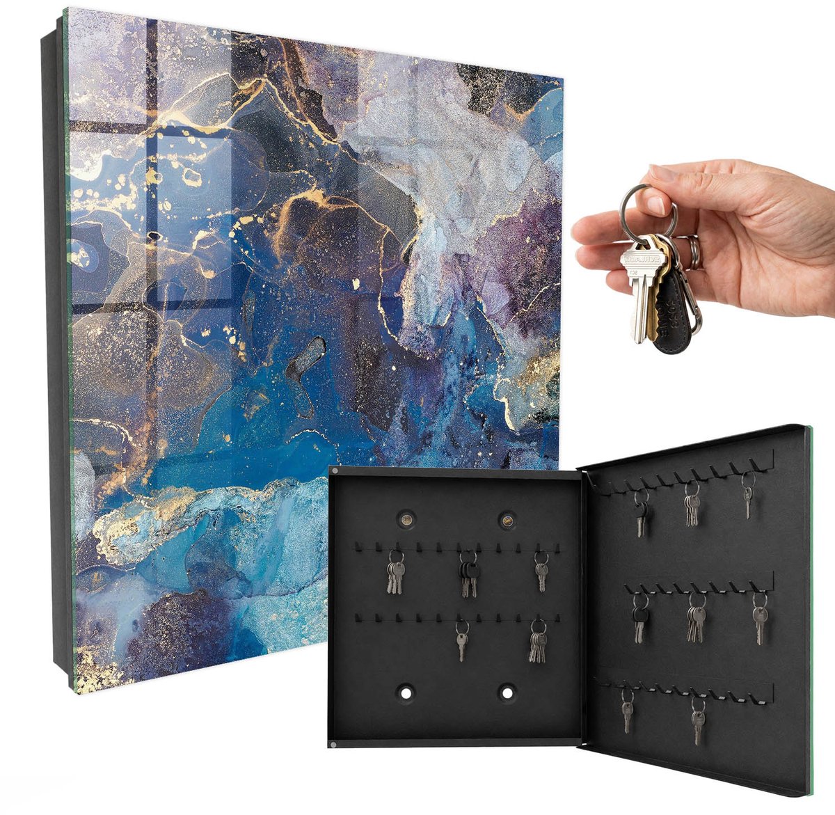 WallMuralia - Sleutelkast - 30x30x5 cm - met 50 haken - Mariene Abstractie Groot Sleutelkastje - Blauw Sleutelbox - Rechtsopenend - Zwart interieur