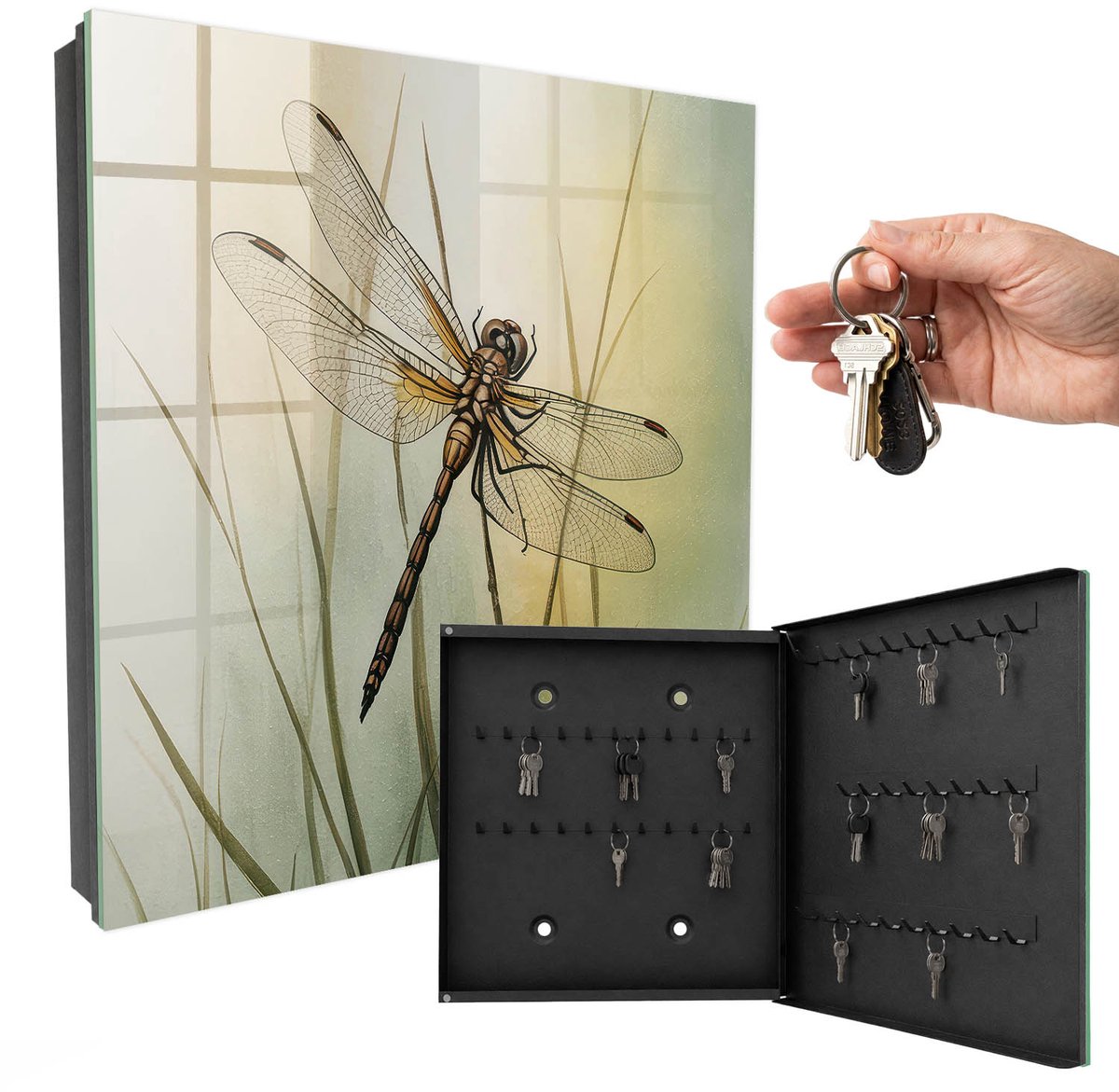 WallMuralia - Sleutelkast - 30x30x5 cm - met 50 haken - Libel Natuur Groot Sleutelkastje - Groente Sleutelbox - Rechtsopenend - Zwart interieur