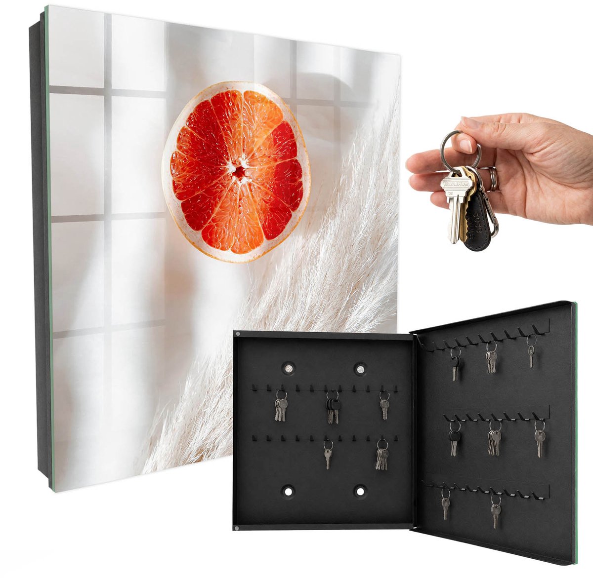 WallMuralia - Sleutelkast - 30x30x5 cm - met 50 haken - Rode Grapefruit En Bohogras Sleutelkastje Landelijk - Wit Sleutelbox - Rechtsopenend - Zwart interieur