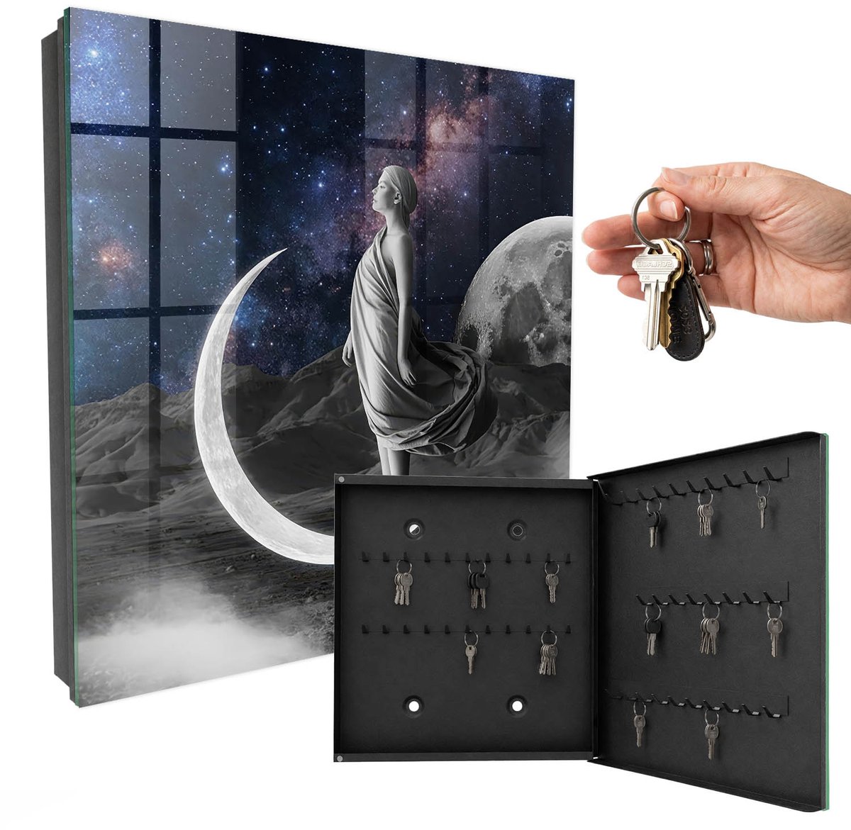 WallMuralia - Sleutelkast - 30x30x5 cm - met 50 haken - Ruimtefantasie Design Sleutelkastje - Marine Sleutelbox - Rechtsopenend - Zwart interieur