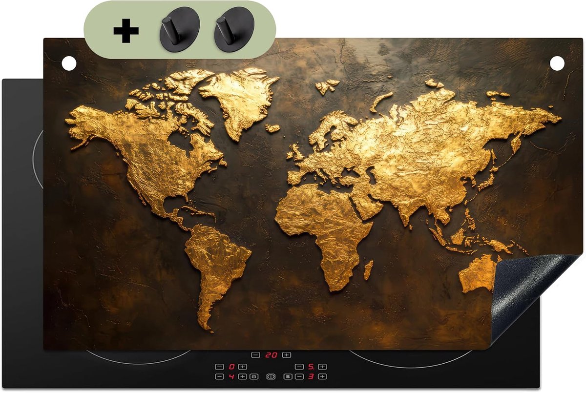 SnelShoppen - Inductiekookplaat Beschermer 52x90cm - Keuken Decoratie - Antislip Mat - Spatbescherming Achterwand Wereldkaart - Goud - Roest
