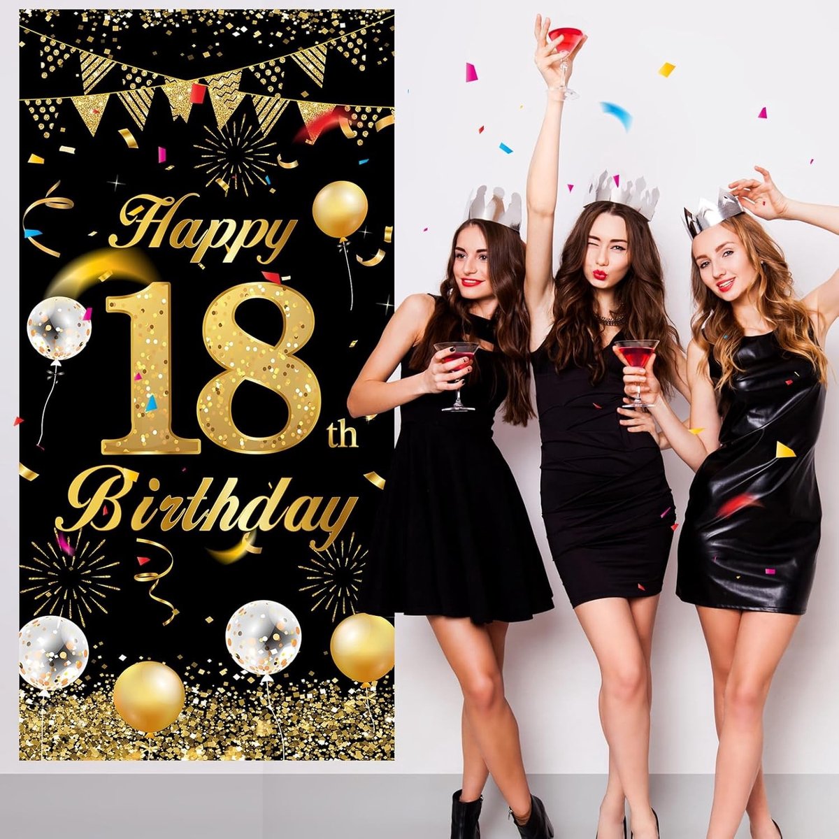 18e Verjaardag Banner Zwart Goud - Decoratie voor Jongens en Meisjes