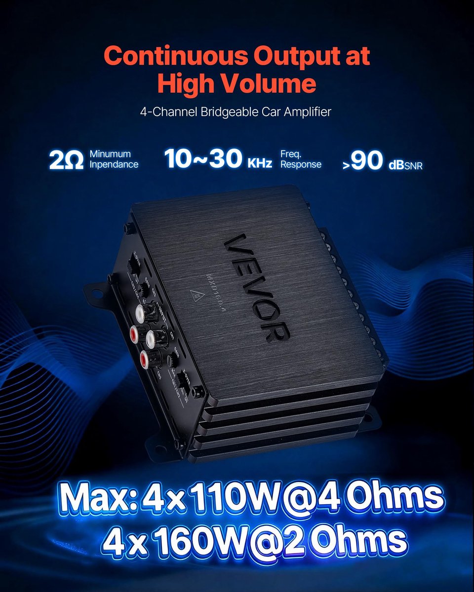 SnelShoppen - 4-kanaals auto audio versterker 2 ohm stabiel overbrugbare klasse D Full Range Amp Max vermogen 4 x 110W @ 4 Ohm/4 x 160W @ 2 ohm voor a