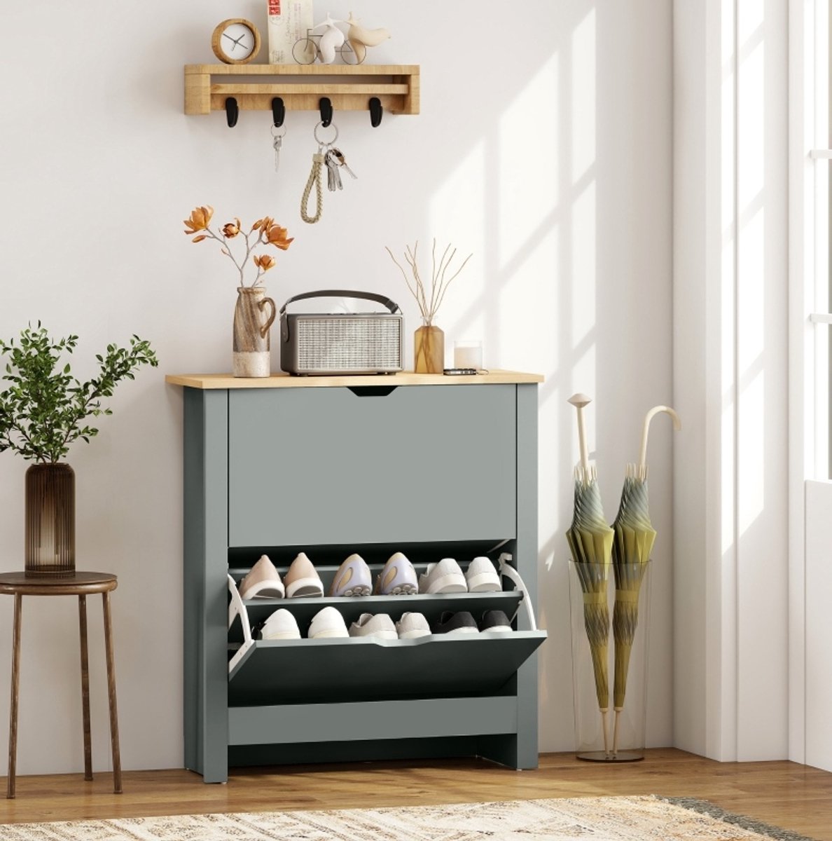COVREO Schoenenkast 72x26x80 cm lichtgrijs, spaanplaat met 2 kleppen