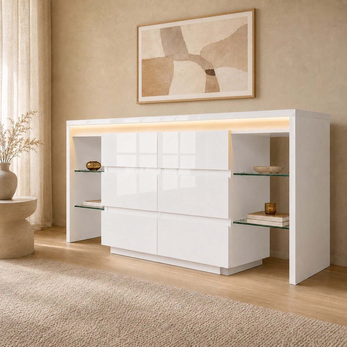 MIVRAY Dressoir - Hoogglans Opbergkast Met LED Verlichting En 6 Laden - Voor Woonkamer Hal Of Slaapkamer - Hout En Glas - 155x40x80 Cm - Wit