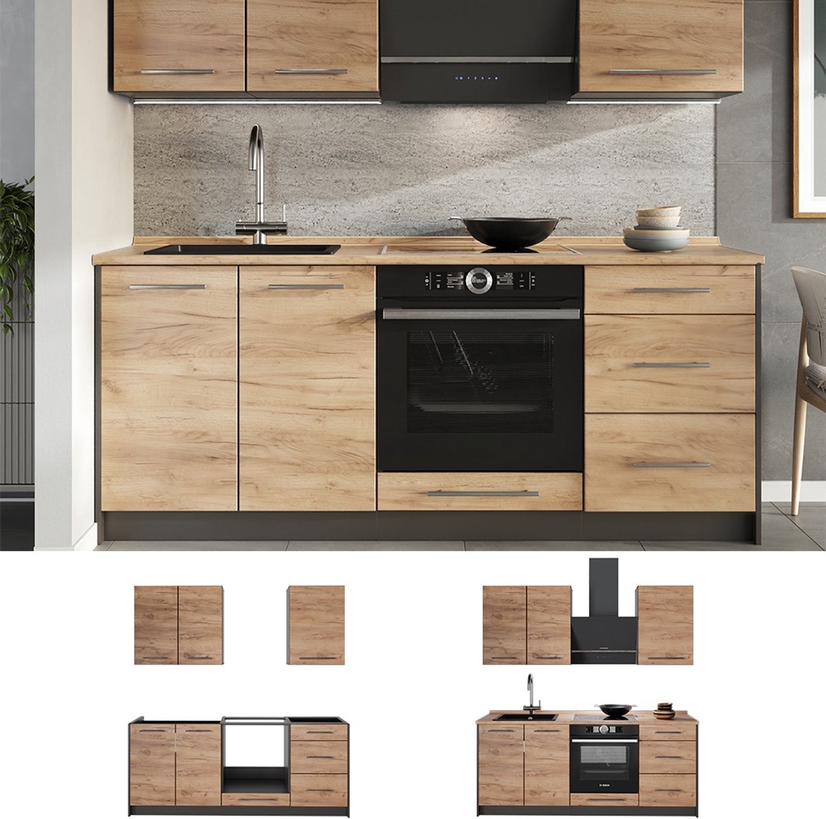 Vicco Eenpersoonskeuken Fame-Line, Goudkleurig Eiken/Wit, 190 cm, WB Marmer