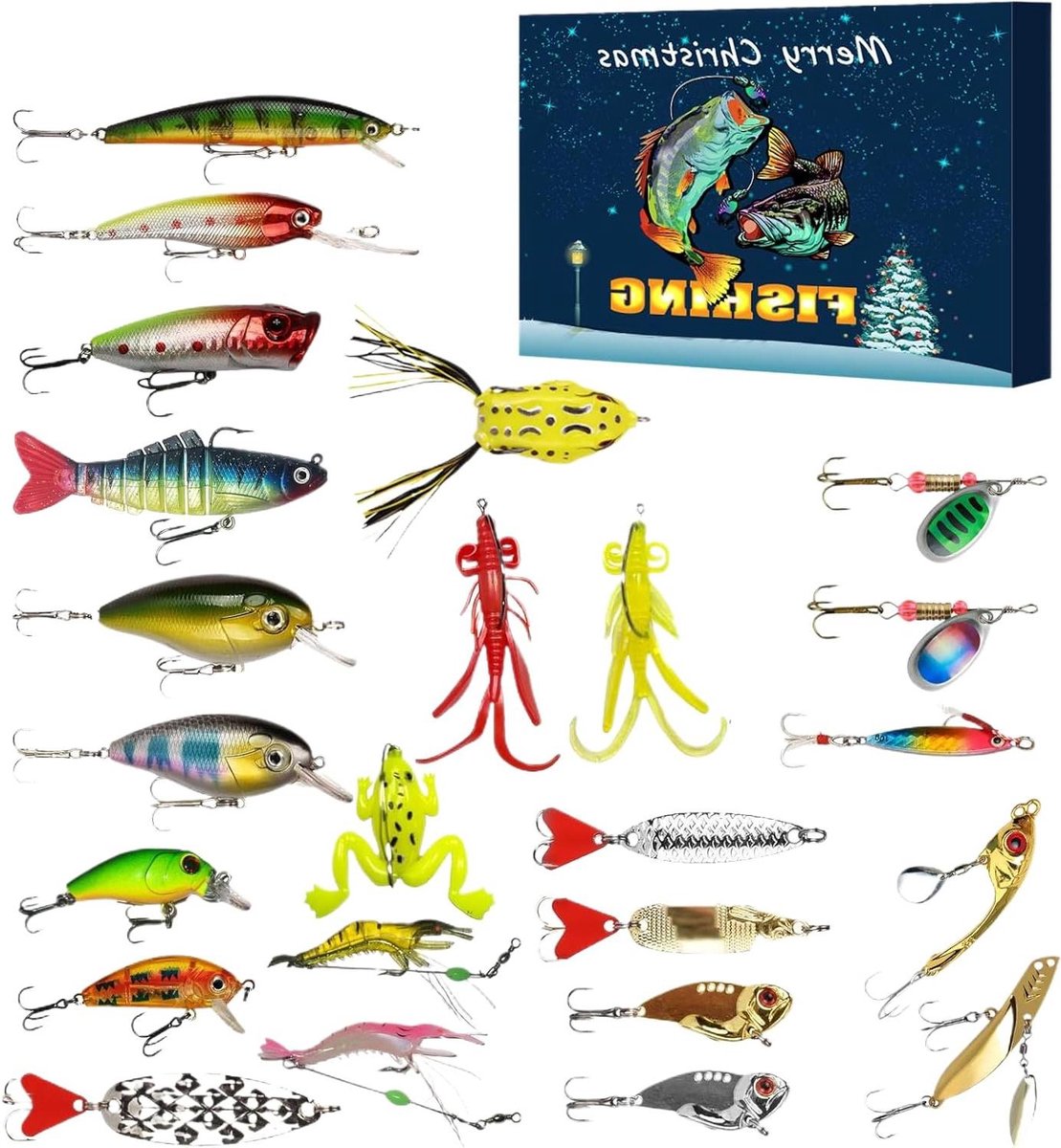 Adventskalender Vissen - Aftelkalender Mannen - Feestdagen Vieren - 24 Kunstaas Verrassingen - 33.5 x 24.5 x 3 cm - Uniek