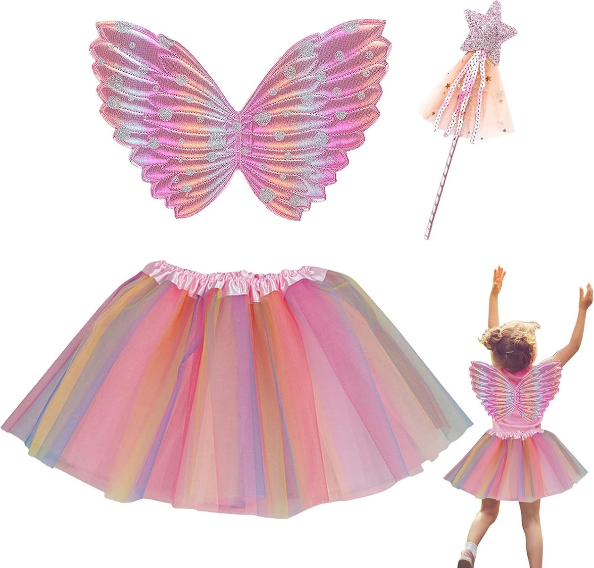 kostuum, Vlinderfee vleugels roze Tutu jurk met Magic Star Wand
